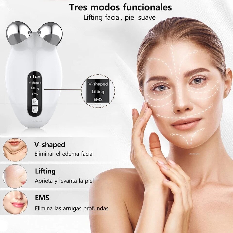 Dispositivo Rosa de Elevación Facial 3D Efecto Lifting con Rodillo EMS, Microcorrientes, Vibración para Eliminar Líneas Finas - Tokio Beauty Skin